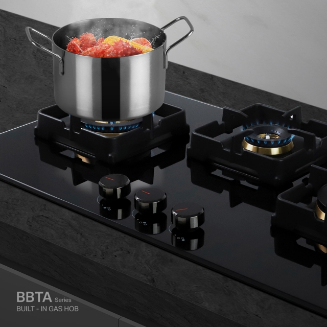 เตาแก๊สแบบฝัง 3 หัว ฐานกระจกนิรภัย รุ่น HB78-3BBTA/BG